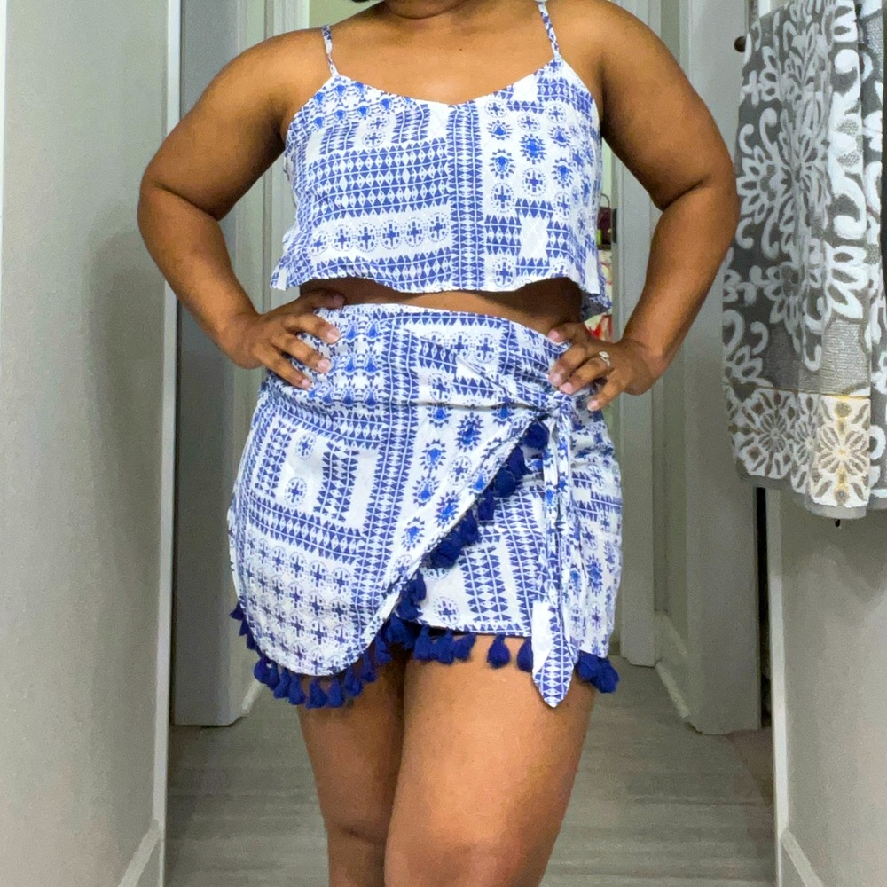 Blue and white two piece skirt set